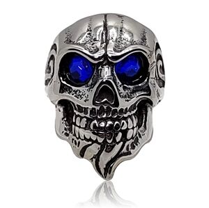 Gothic Punk Biker Blue Eye Flame Skull Ring